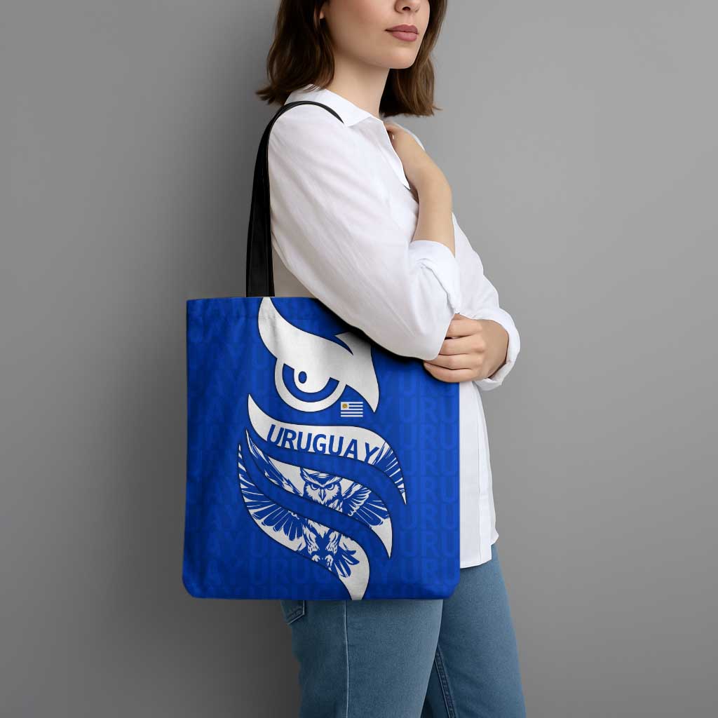 Uruguay Tote Bag with Owl Illustration Blue White Abstract Motion Design - Wonder Print Shop
