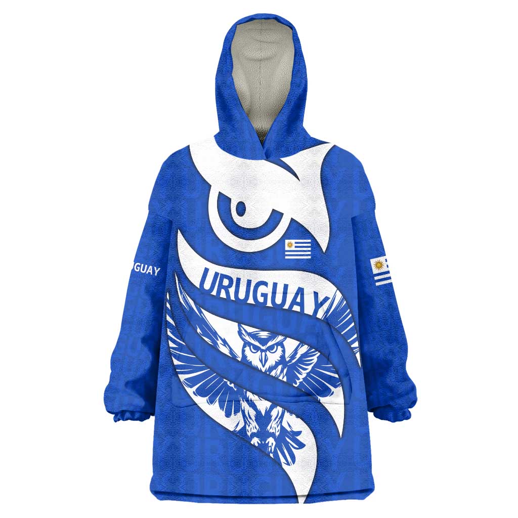 Uruguay Wearable Blanket Hoodie with Owl Illustration Blue White Abstract Motion Design - Wonder Print Shop