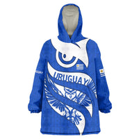 Uruguay Wearable Blanket Hoodie with Owl Illustration Blue White Abstract Motion Design - Wonder Print Shop