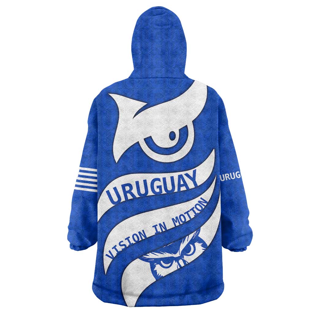 Uruguay Wearable Blanket Hoodie with Owl Illustration Blue White Abstract Motion Design - Wonder Print Shop