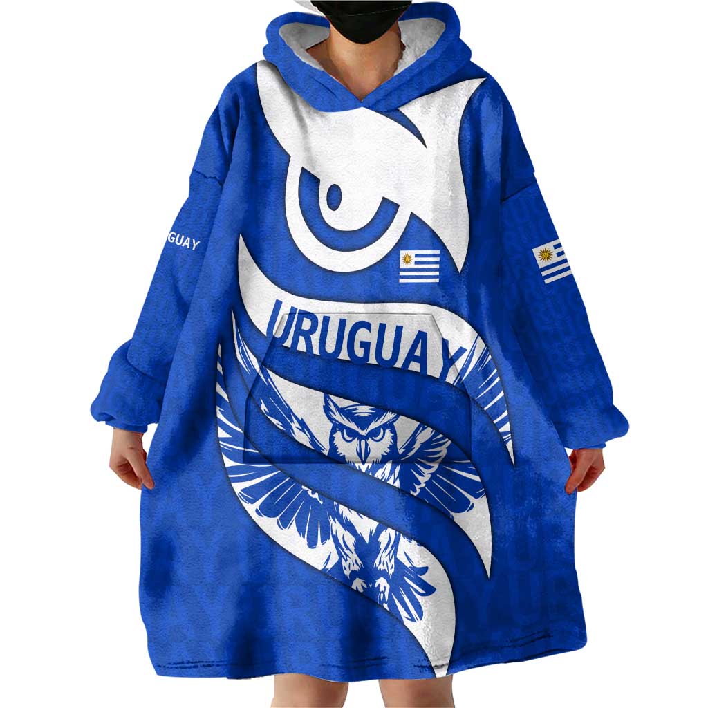 Uruguay Wearable Blanket Hoodie with Owl Illustration Blue White Abstract Motion Design - Wonder Print Shop