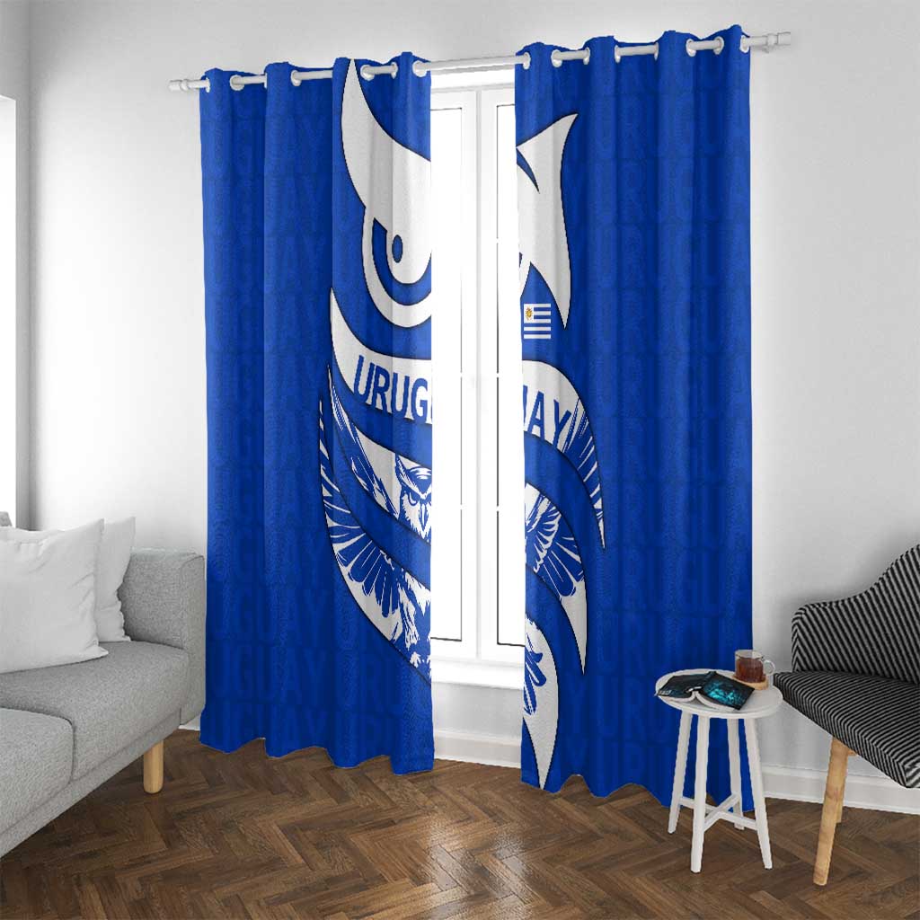 Uruguay Window Curtain with Owl Illustration Blue White Abstract Motion Design - Wonder Print Shop