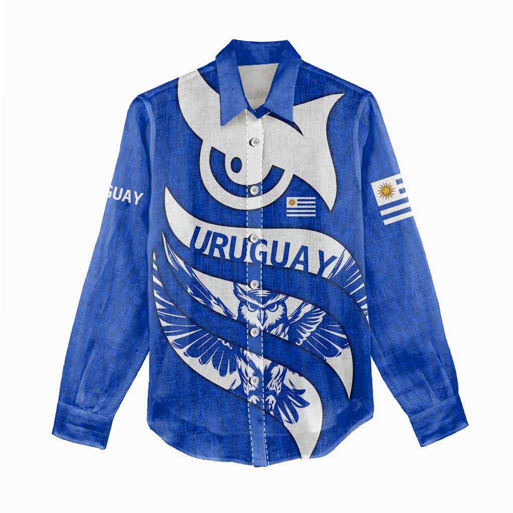 Uruguay Women Casual Shirt with Owl Illustration Blue White Abstract Motion Design - Wonder Print Shop