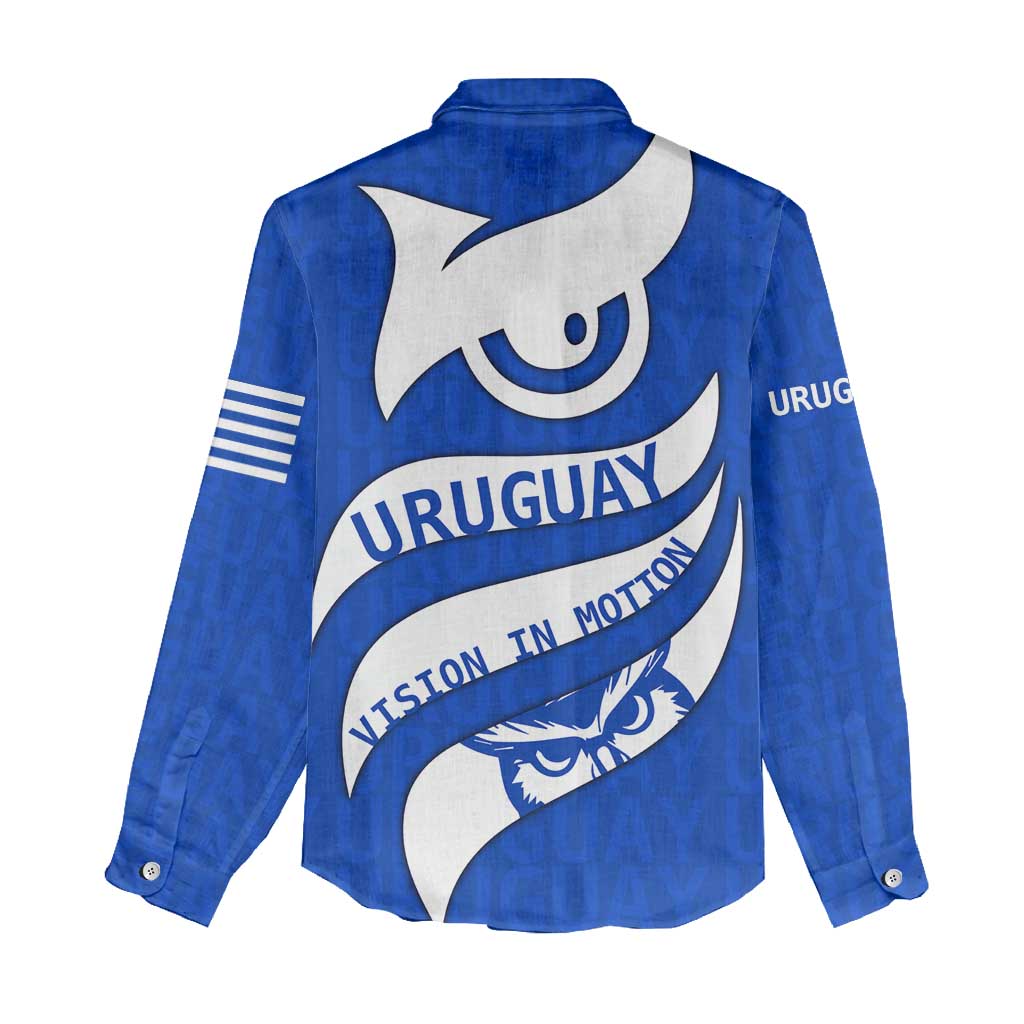 Uruguay Women Casual Shirt with Owl Illustration Blue White Abstract Motion Design - Wonder Print Shop