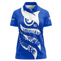 Uruguay Women Polo Shirt with Owl Illustration Blue White Abstract Motion Design - Wonder Print Shop