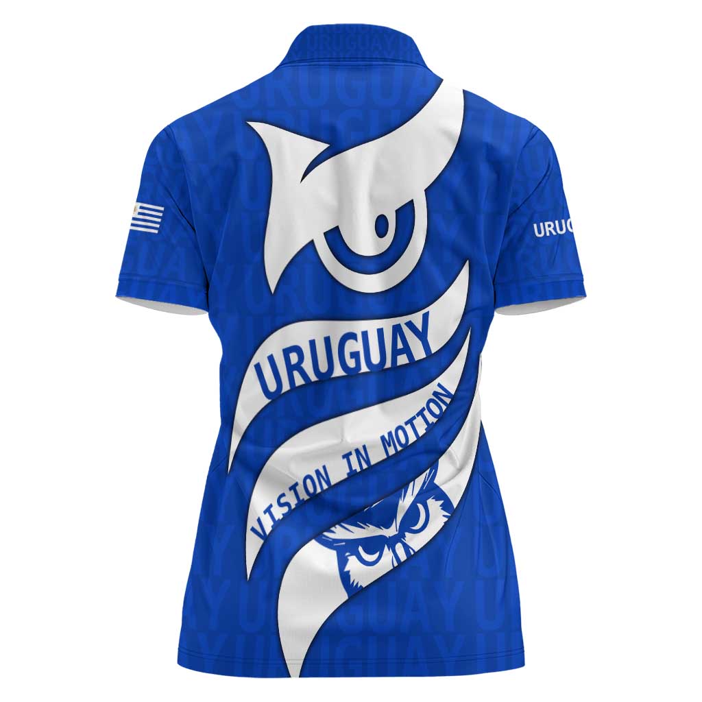 Uruguay Women Polo Shirt with Owl Illustration Blue White Abstract Motion Design - Wonder Print Shop