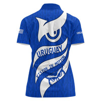Uruguay Women Polo Shirt with Owl Illustration Blue White Abstract Motion Design - Wonder Print Shop