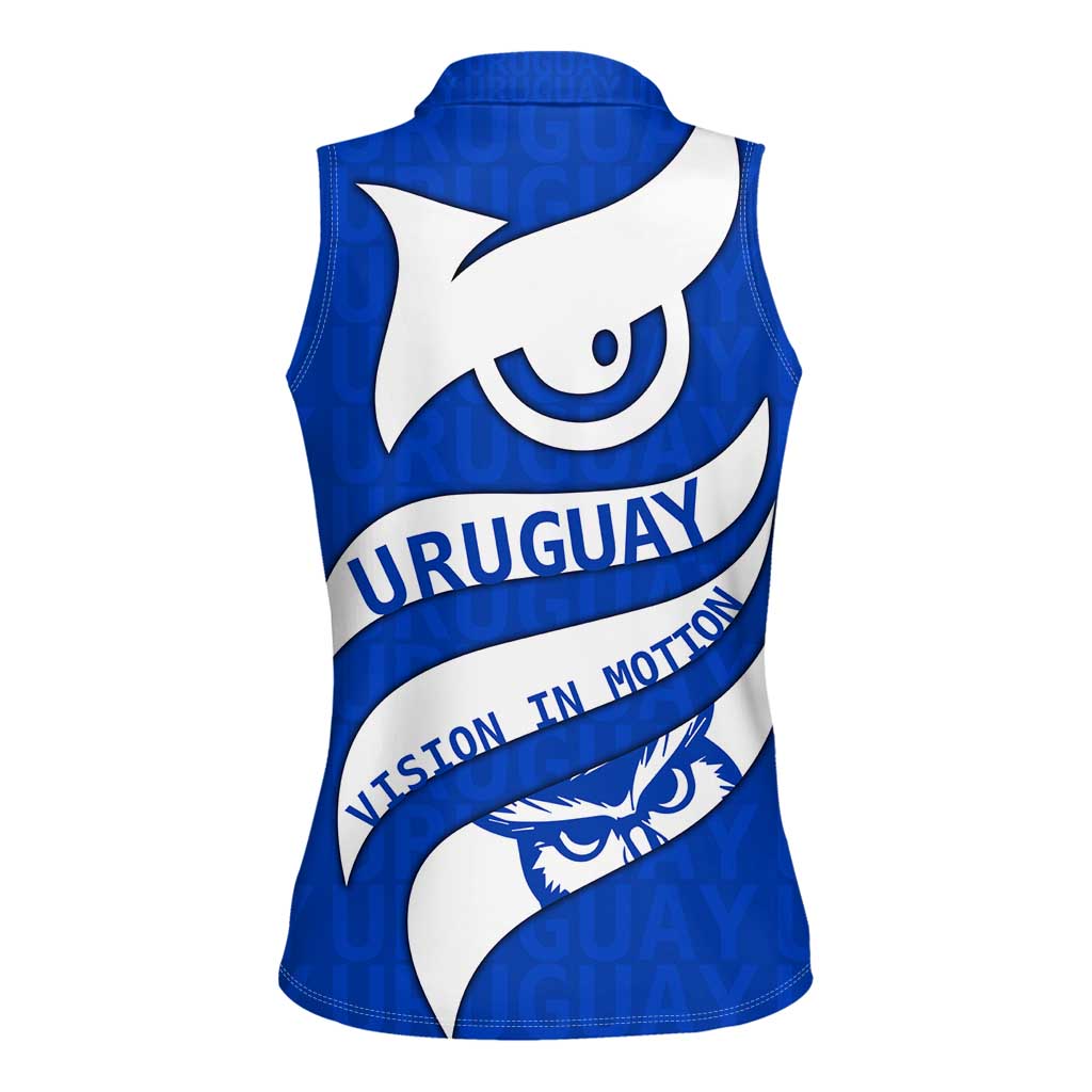 Uruguay Women Sleeveless Polo Shirt with Owl Illustration Blue White Abstract Motion Design - Wonder Print Shop