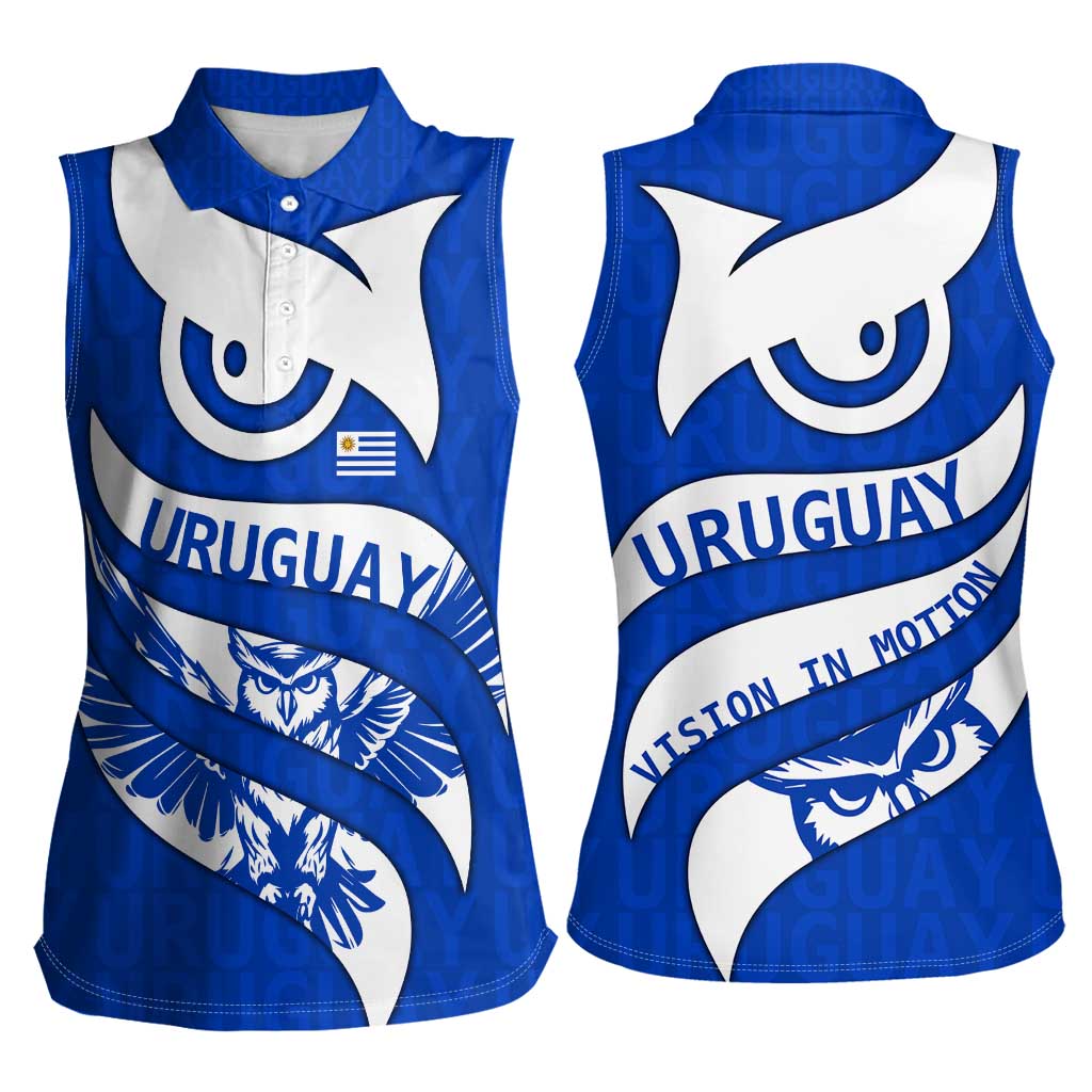 Uruguay Women Sleeveless Polo Shirt with Owl Illustration Blue White Abstract Motion Design - Wonder Print Shop