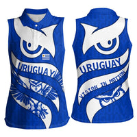 Uruguay Women Sleeveless Polo Shirt with Owl Illustration Blue White Abstract Motion Design - Wonder Print Shop
