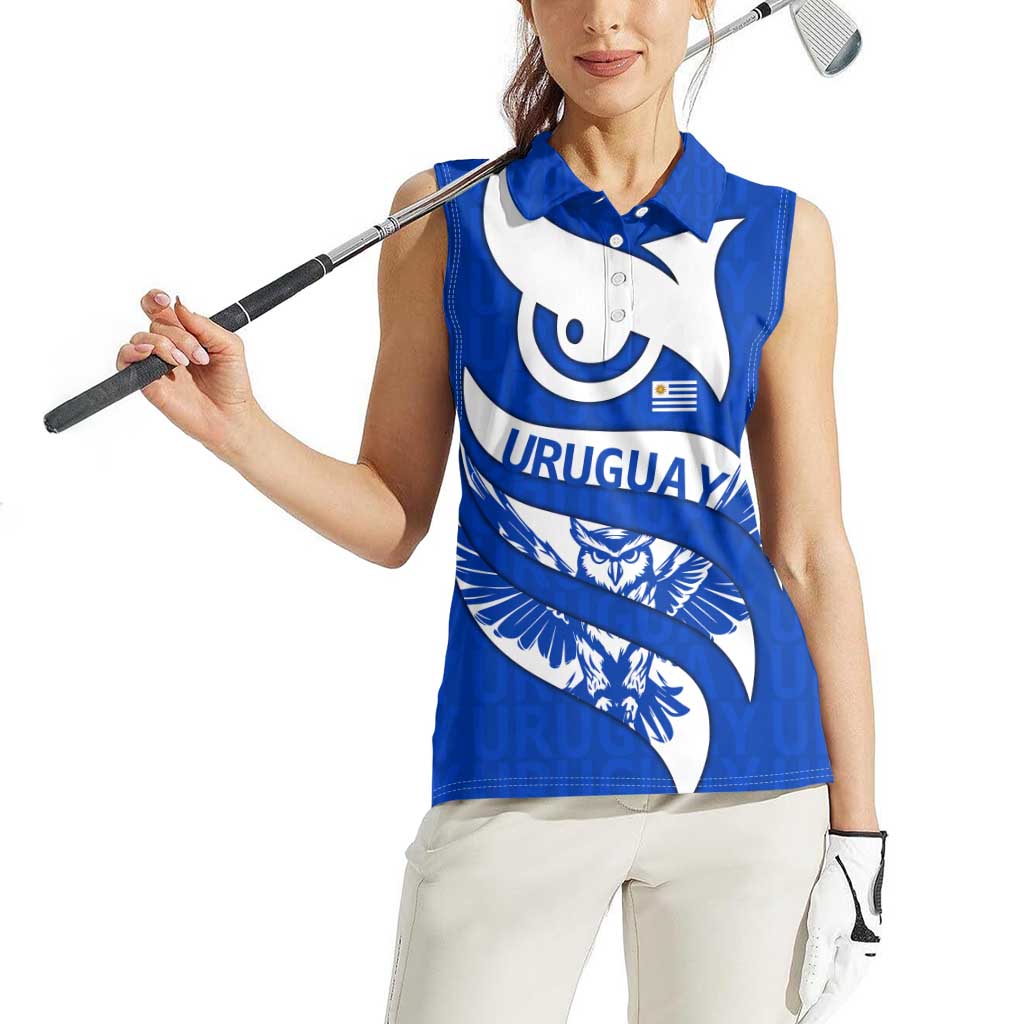 Uruguay Women Sleeveless Polo Shirt with Owl Illustration Blue White Abstract Motion Design - Wonder Print Shop