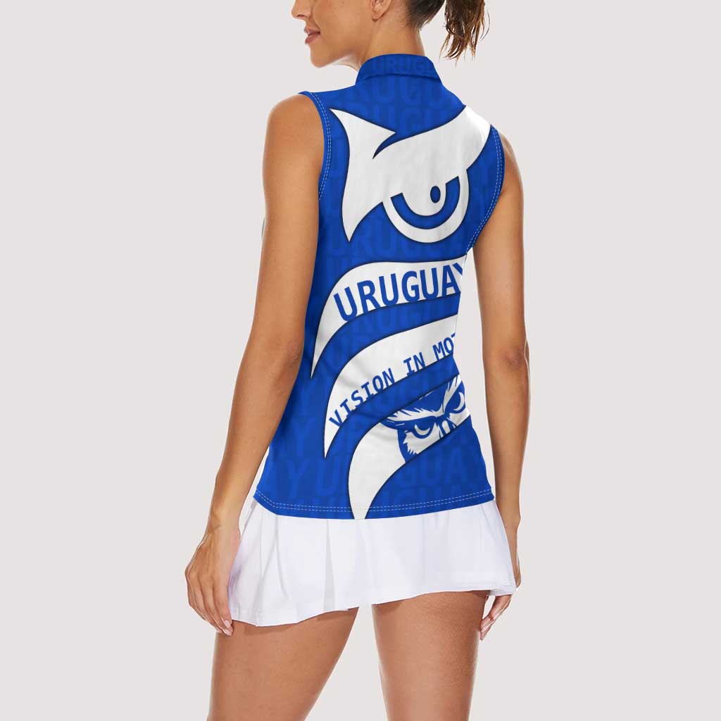 Uruguay Women Sleeveless Polo Shirt with Owl Illustration Blue White Abstract Motion Design - Wonder Print Shop
