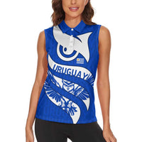 Uruguay Women Sleeveless Polo Shirt with Owl Illustration Blue White Abstract Motion Design - Wonder Print Shop
