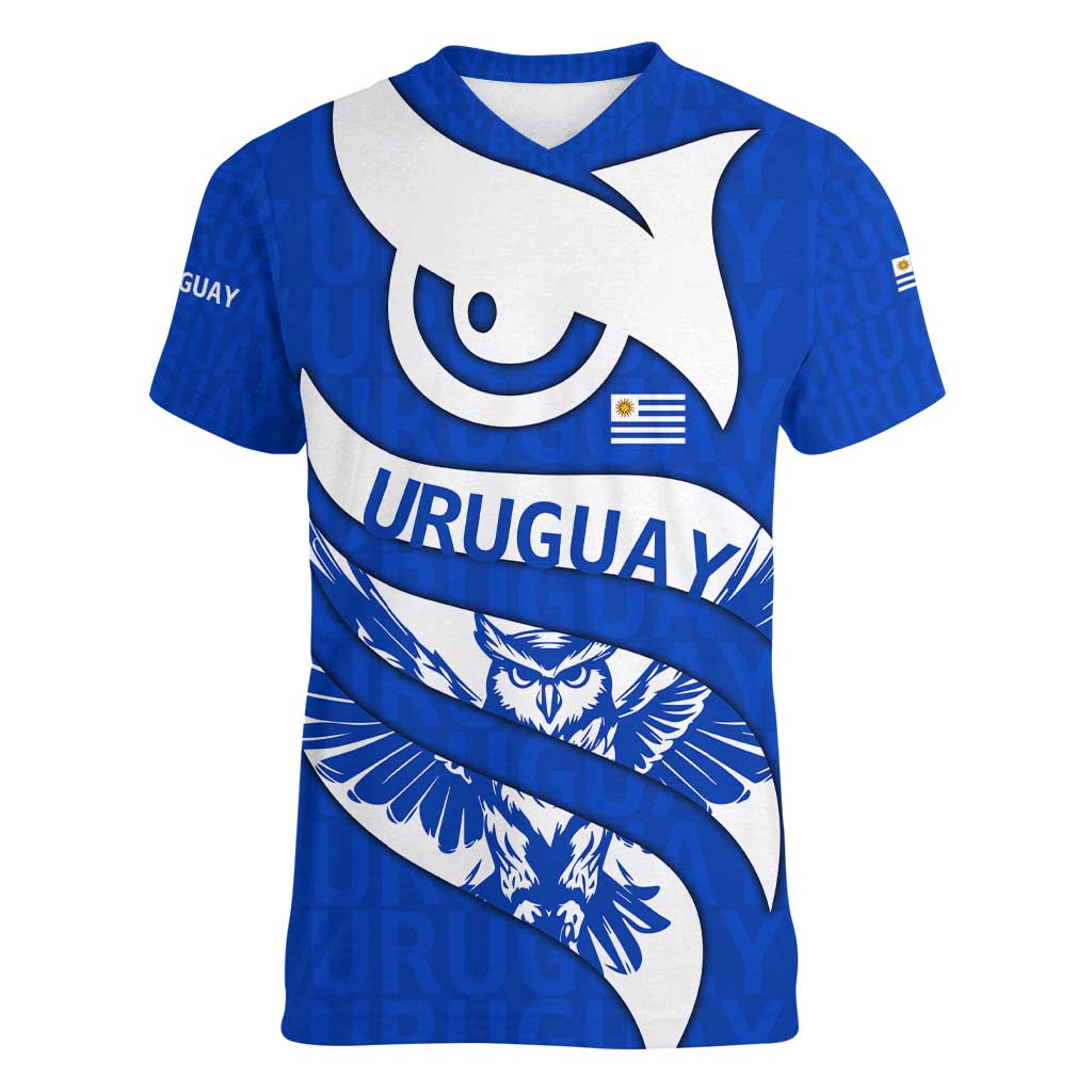 Uruguay Women V-Neck T-Shirt with Owl Illustration Blue White Abstract Motion Design - Wonder Print Shop
