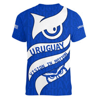 Uruguay Women V-Neck T-Shirt with Owl Illustration Blue White Abstract Motion Design - Wonder Print Shop