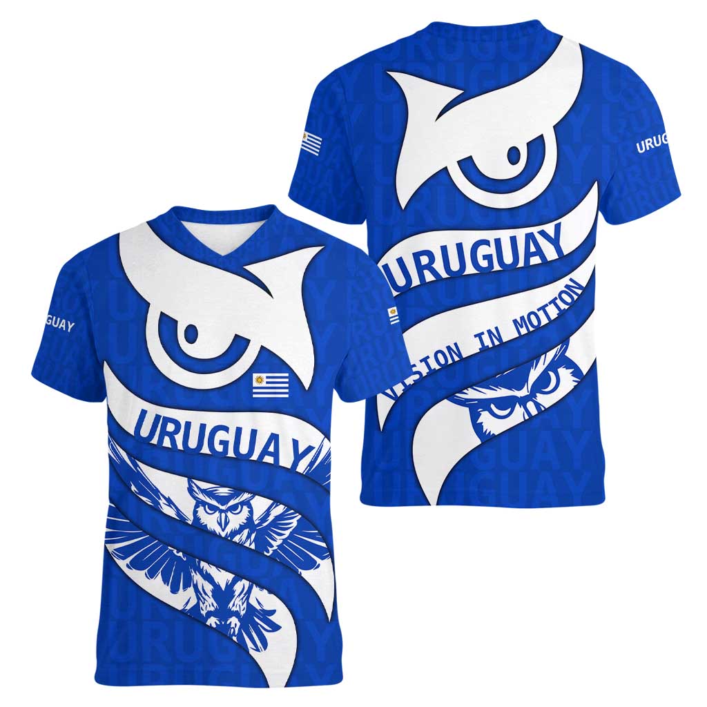 Uruguay Women V-Neck T-Shirt with Owl Illustration Blue White Abstract Motion Design - Wonder Print Shop