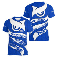 Uruguay Women V-Neck T-Shirt with Owl Illustration Blue White Abstract Motion Design - Wonder Print Shop