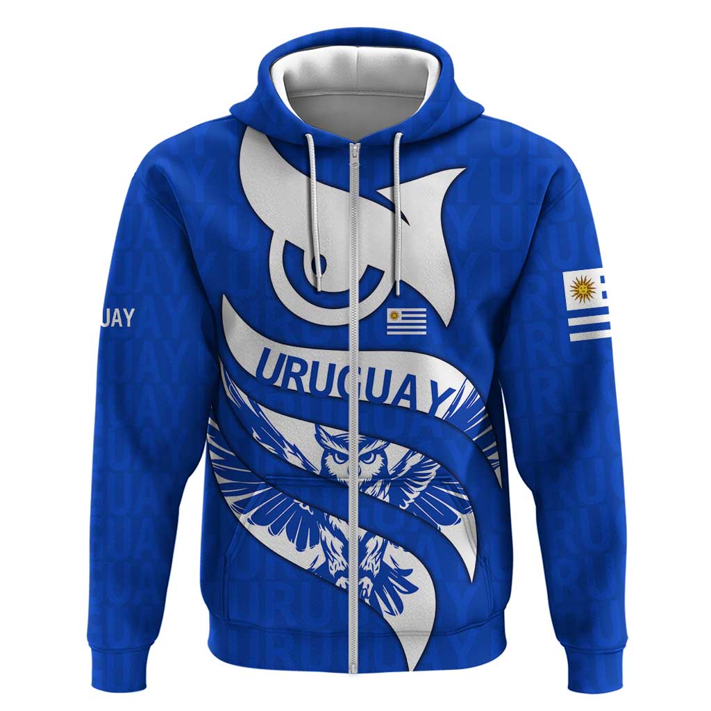 Uruguay Zip Hoodie with Owl Illustration Blue White Abstract Motion Design - Wonder Print Shop