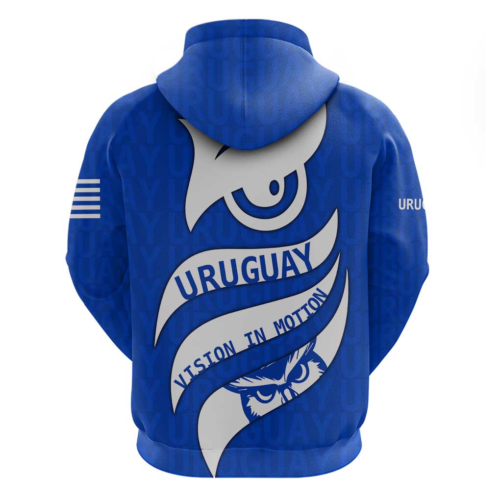 Uruguay Zip Hoodie with Owl Illustration Blue White Abstract Motion Design - Wonder Print Shop