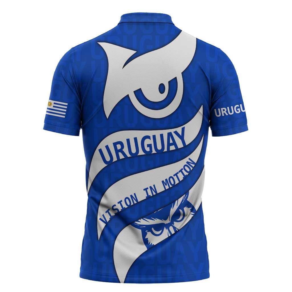 Uruguay Zipper Polo Shirt with Owl Illustration Blue White Abstract Motion Design - Wonder Print Shop