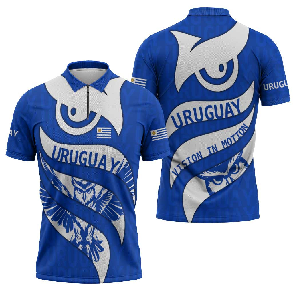 Uruguay Zipper Polo Shirt with Owl Illustration Blue White Abstract Motion Design - Wonder Print Shop
