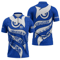 Uruguay Zipper Polo Shirt with Owl Illustration Blue White Abstract Motion Design - Wonder Print Shop