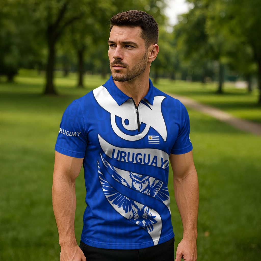 Uruguay Zipper Polo Shirt with Owl Illustration Blue White Abstract Motion Design - Wonder Print Shop