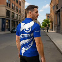 Uruguay Zipper Polo Shirt with Owl Illustration Blue White Abstract Motion Design - Wonder Print Shop