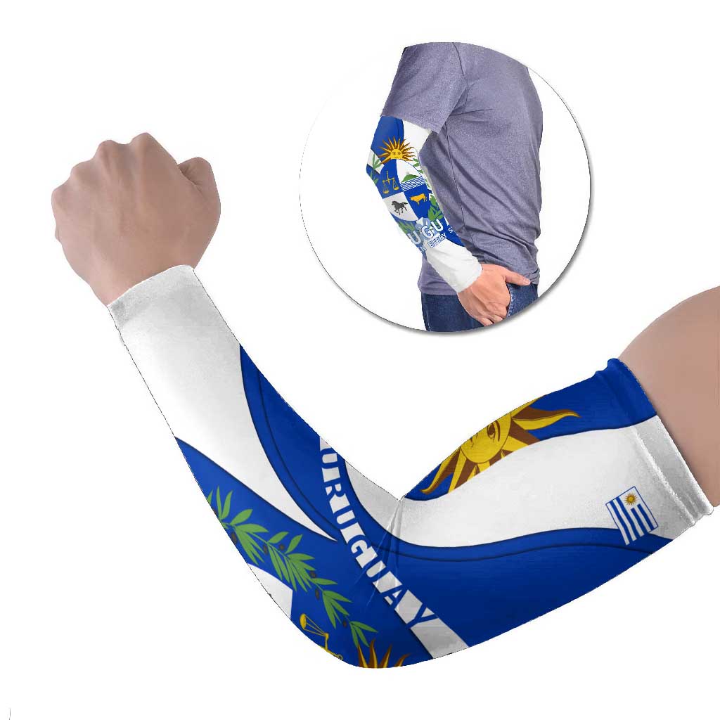 Uruguay Arm Sleeves with National Emblem and Sun Symbol Blue White Wave - Wonder Print Shop