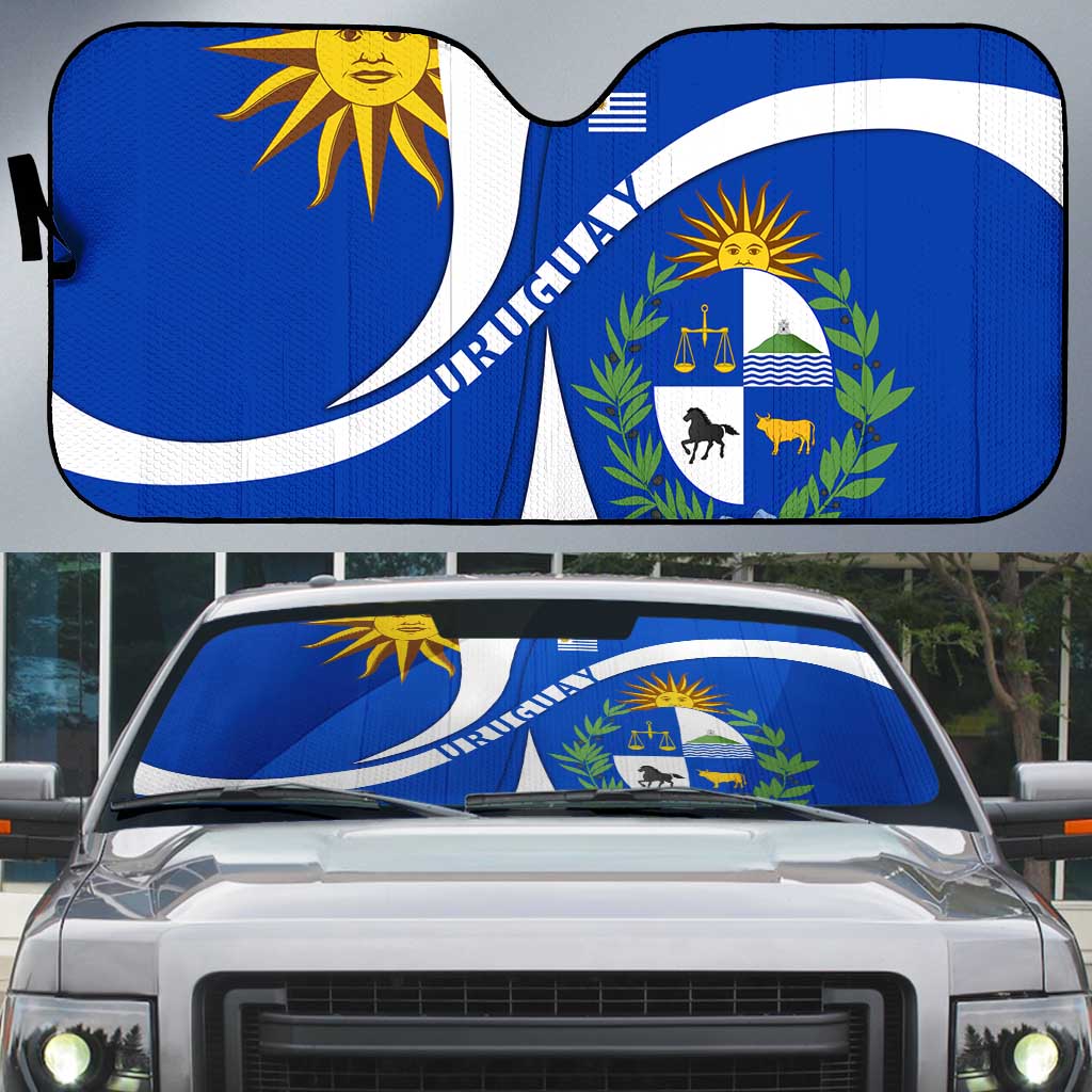 Uruguay Auto Sun Shade with National Emblem and Sun Symbol Blue White Wave - Wonder Print Shop