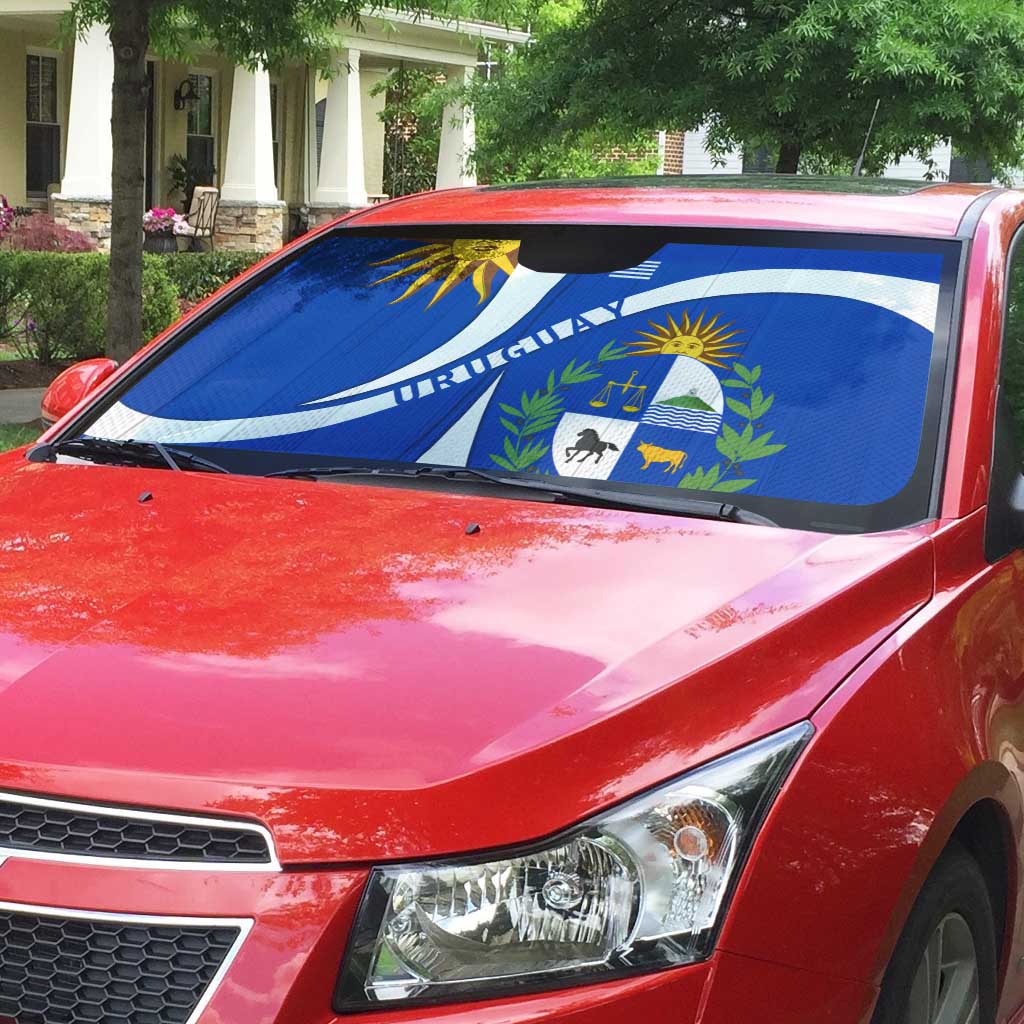 Uruguay Auto Sun Shade with National Emblem and Sun Symbol Blue White Wave - Wonder Print Shop