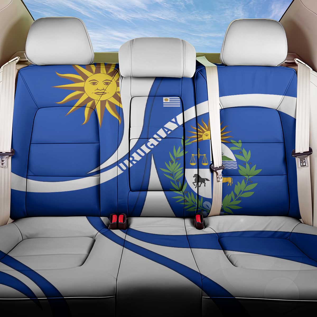 Uruguay Back Car Seat Cover with National Emblem and Sun Symbol Blue White Wave - Wonder Print Shop