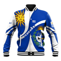 Uruguay Baseball Jacket with National Emblem and Sun Symbol Blue White Wave - Wonder Print Shop