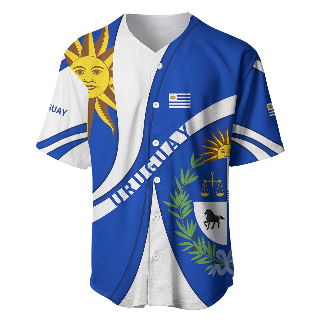 Uruguay Baseball Jersey with National Emblem and Sun Symbol Blue White Wave - Wonder Print Shop