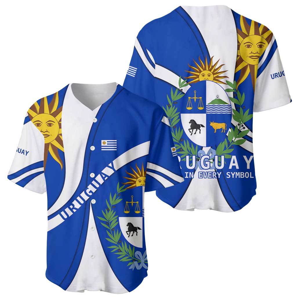 Uruguay Baseball Jersey with National Emblem and Sun Symbol Blue White Wave - Wonder Print Shop