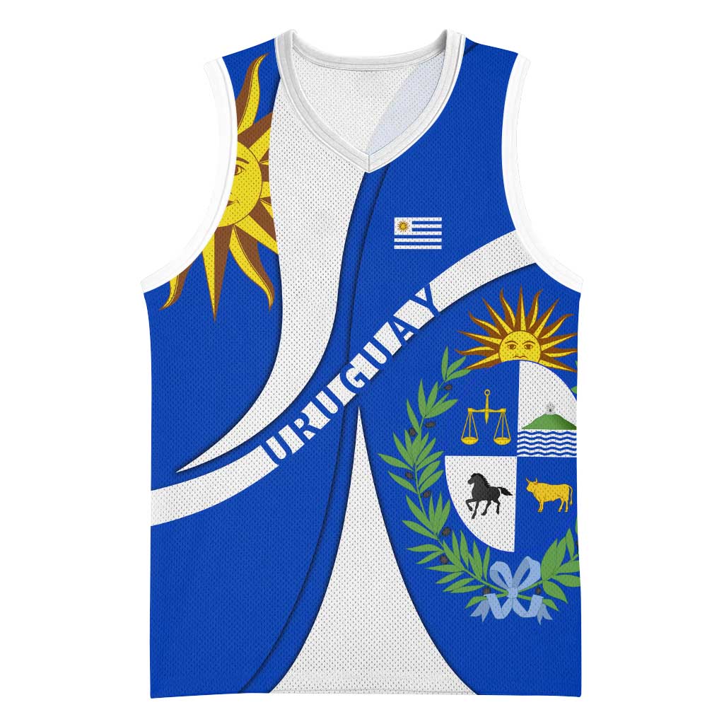 Uruguay Basketball Jersey with National Emblem and Sun Symbol Blue White Wave - Wonder Print Shop