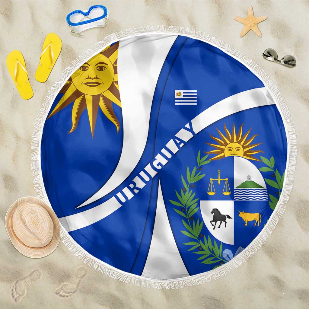 Uruguay Beach Blanket with National Emblem and Sun Symbol Blue White Wave - Wonder Print Shop