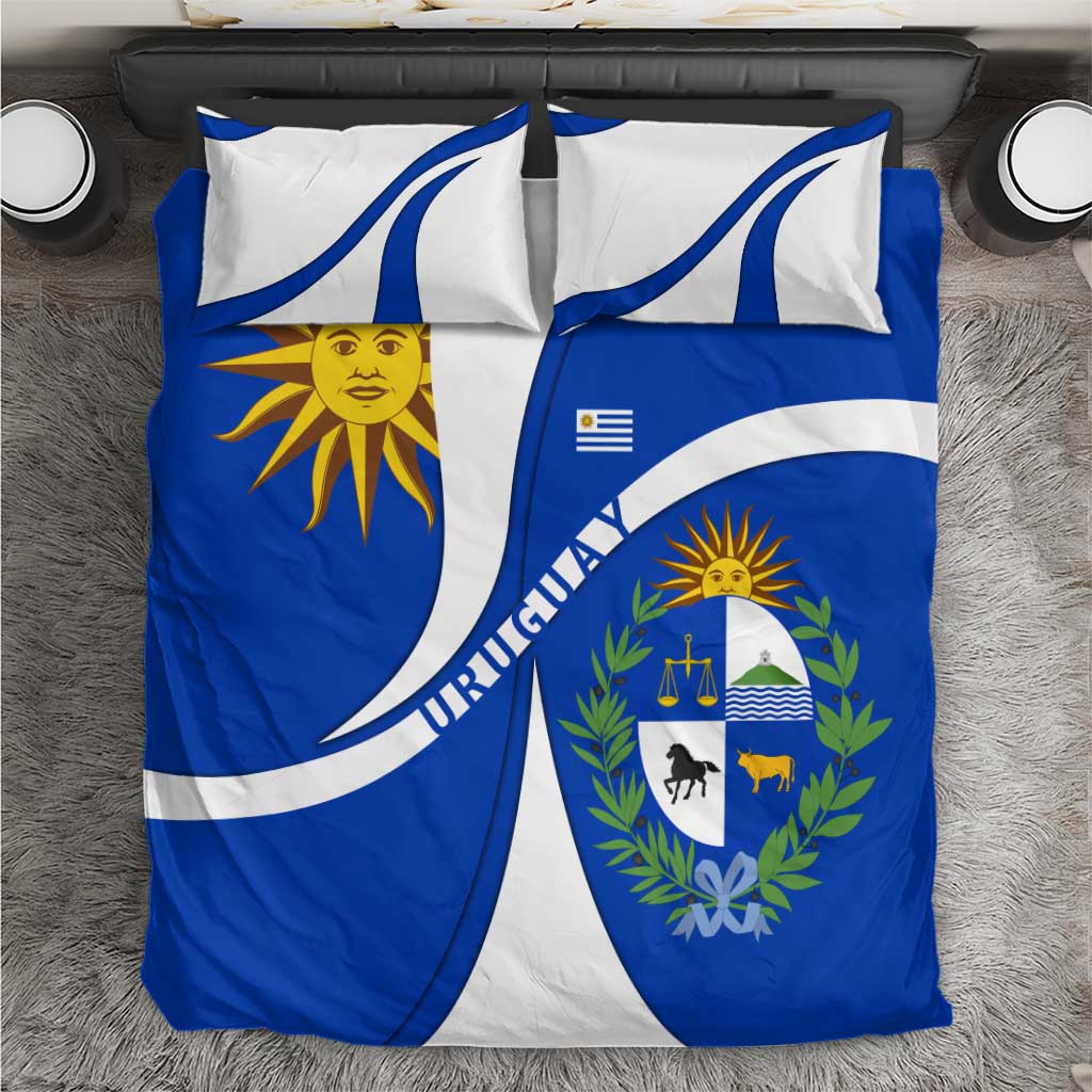 Uruguay Bedding Set with National Emblem and Sun Symbol Blue White Wave - Wonder Print Shop