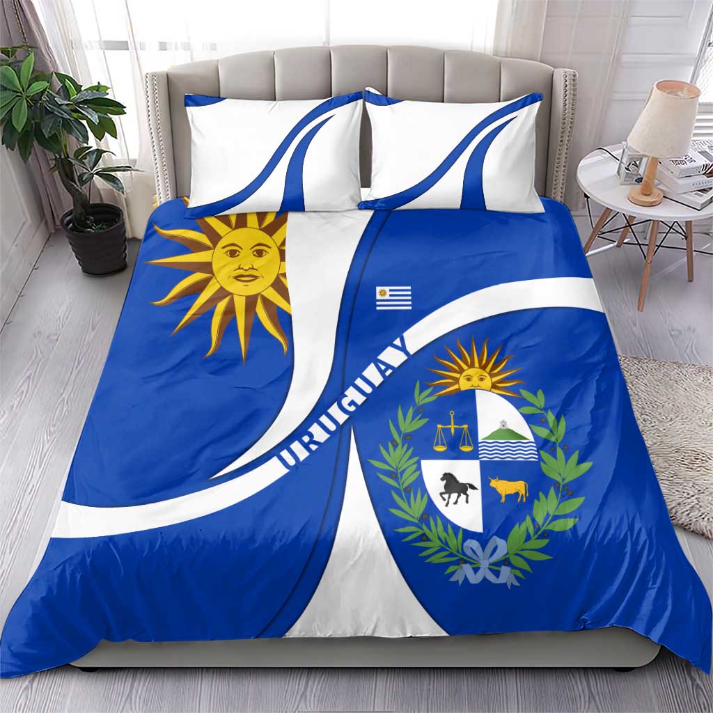 Uruguay Bedding Set with National Emblem and Sun Symbol Blue White Wave - Wonder Print Shop