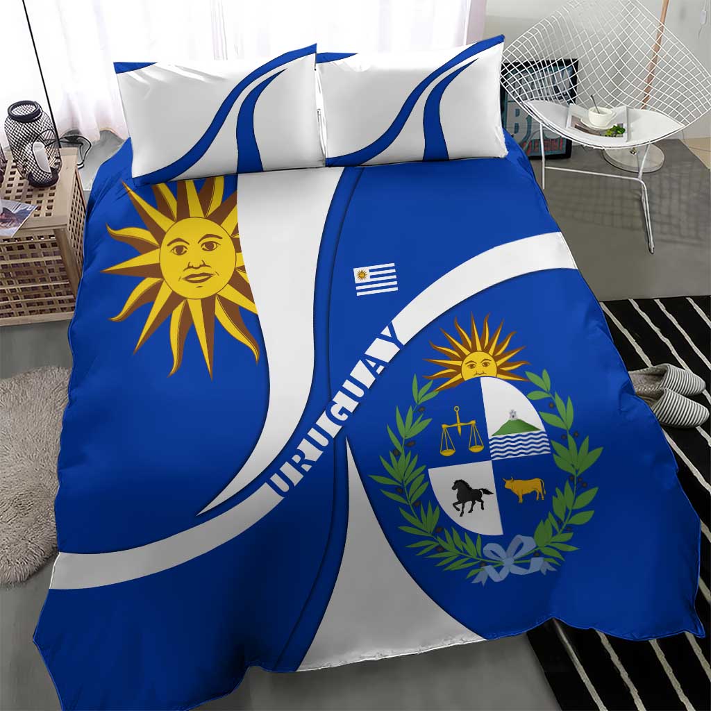 Uruguay Bedding Set with National Emblem and Sun Symbol Blue White Wave - Wonder Print Shop
