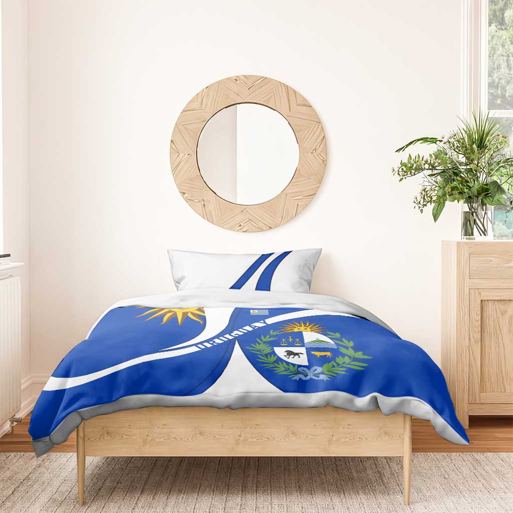 Uruguay Bedding Set with National Emblem and Sun Symbol Blue White Wave - Wonder Print Shop