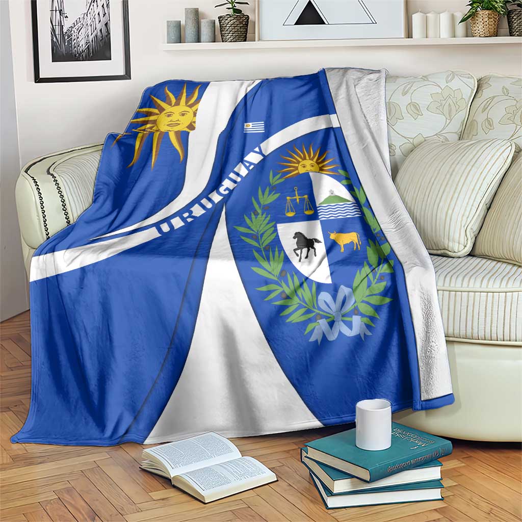 Uruguay Blanket with National Emblem and Sun Symbol Blue White Wave - Wonder Print Shop