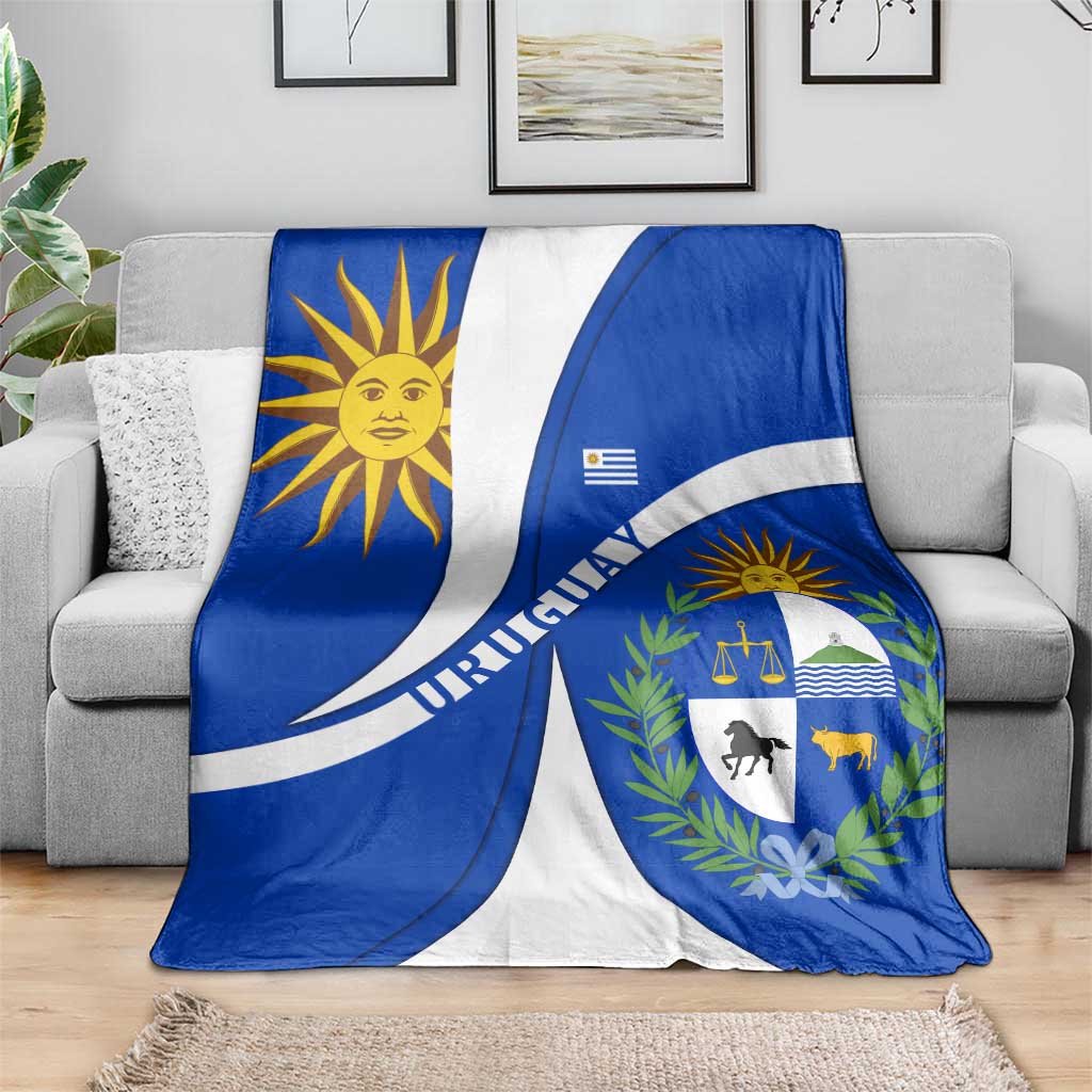 Uruguay Blanket with National Emblem and Sun Symbol Blue White Wave - Wonder Print Shop