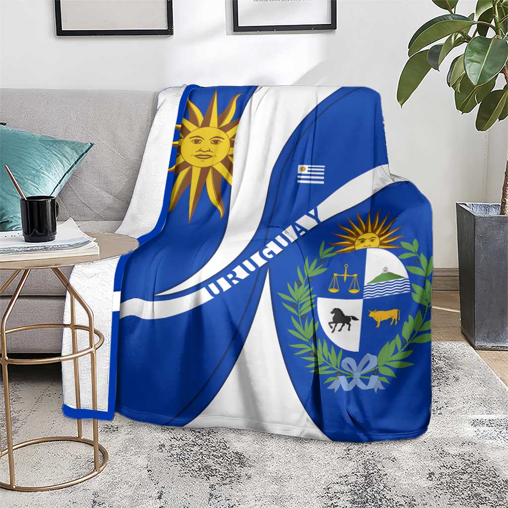 Uruguay Blanket with National Emblem and Sun Symbol Blue White Wave - Wonder Print Shop