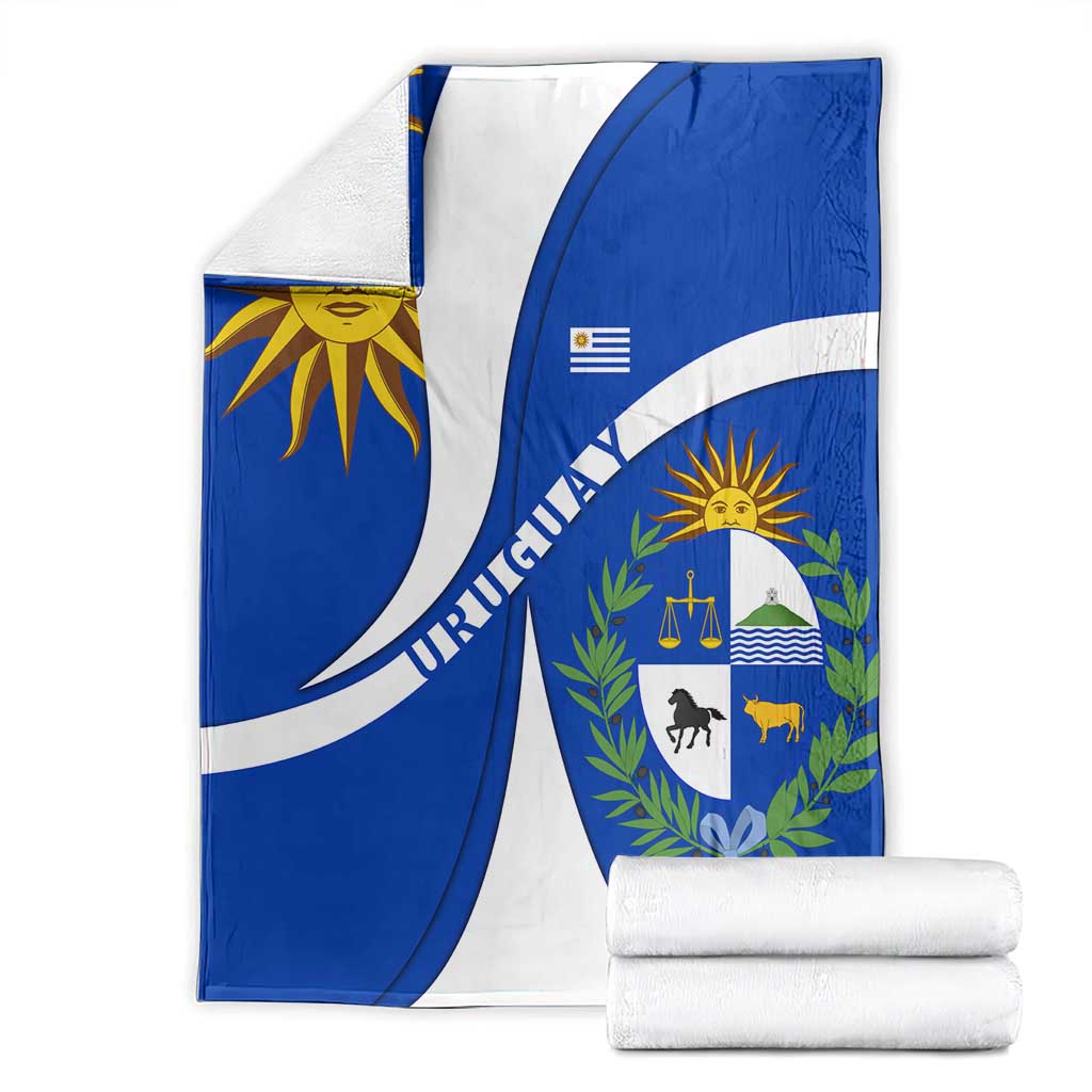 Uruguay Blanket with National Emblem and Sun Symbol Blue White Wave - Wonder Print Shop