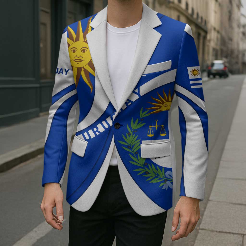 Uruguay Blazer with National Emblem and Sun Symbol Blue White Wave - Wonder Print Shop
