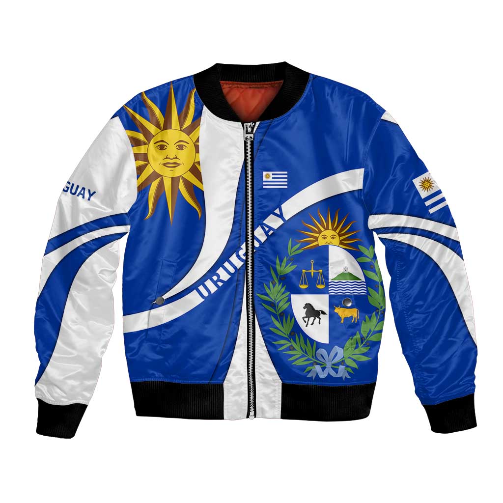 Uruguay Bomber Jacket with National Emblem and Sun Symbol Blue White Wave - Wonder Print Shop