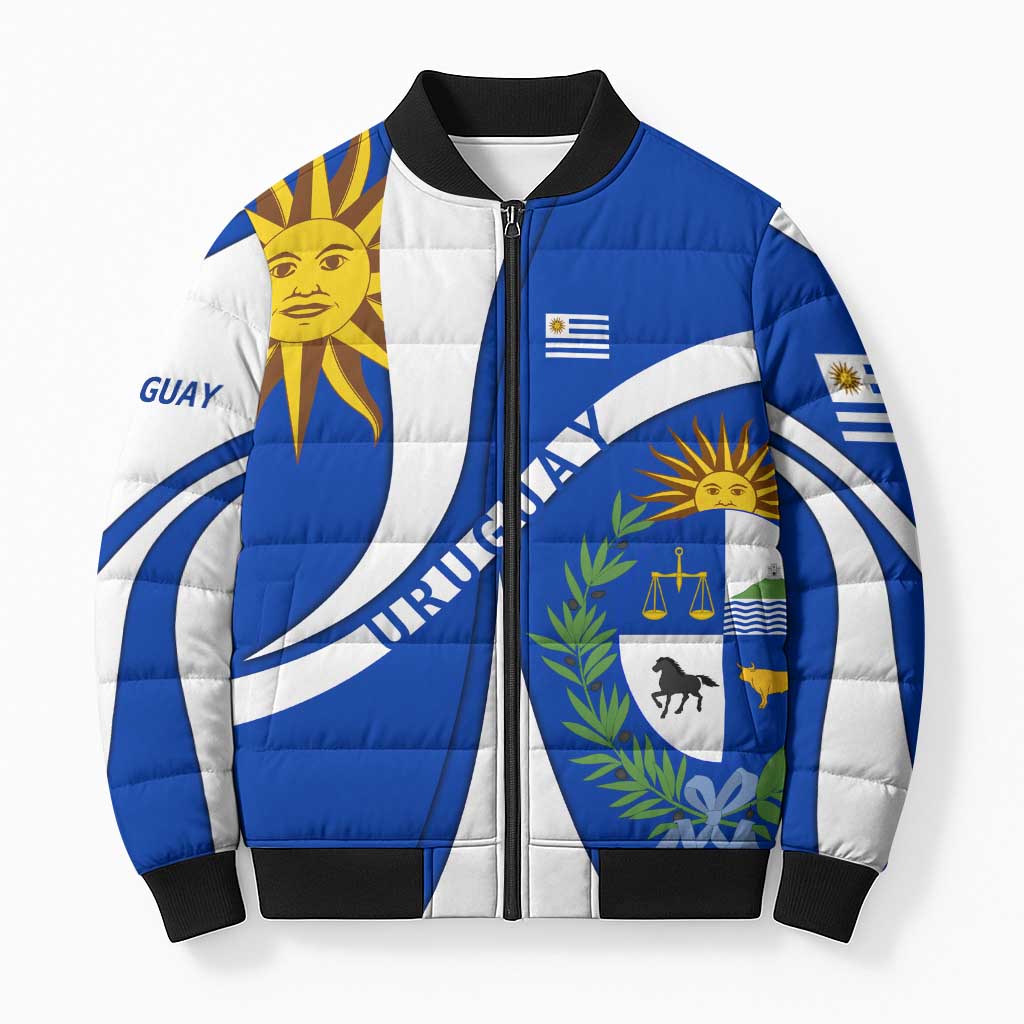 Uruguay Bomber Puffer Jacket with National Emblem and Sun Symbol Blue White Wave - Wonder Print Shop