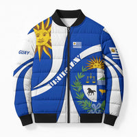 Uruguay Bomber Puffer Jacket with National Emblem and Sun Symbol Blue White Wave - Wonder Print Shop