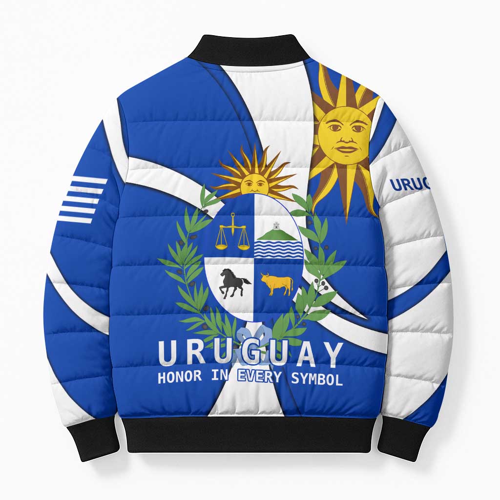 Uruguay Bomber Puffer Jacket with National Emblem and Sun Symbol Blue White Wave - Wonder Print Shop